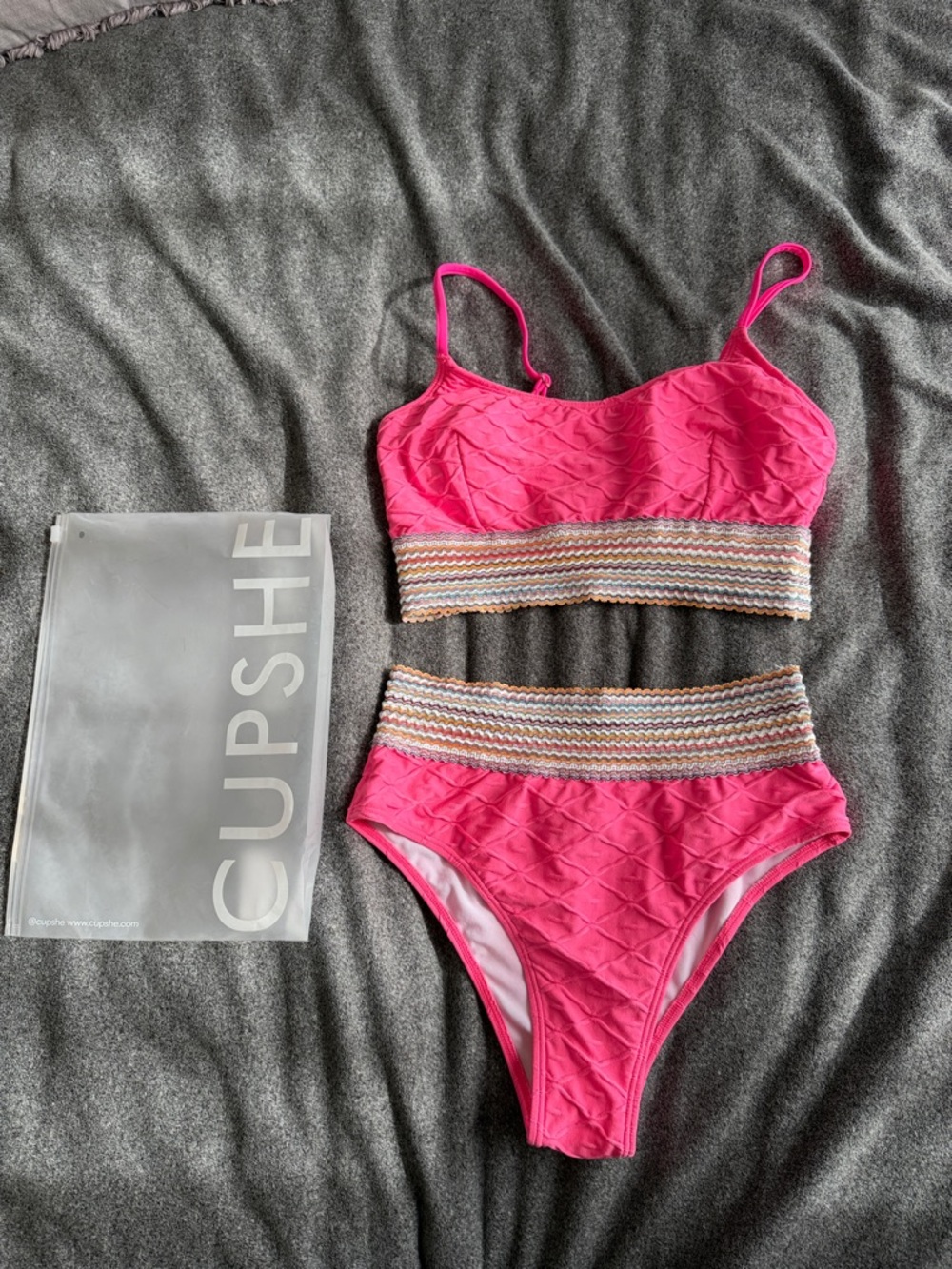 Cupshe Hot Pink Two-Piece Bikini with Multicolor Smocked Band